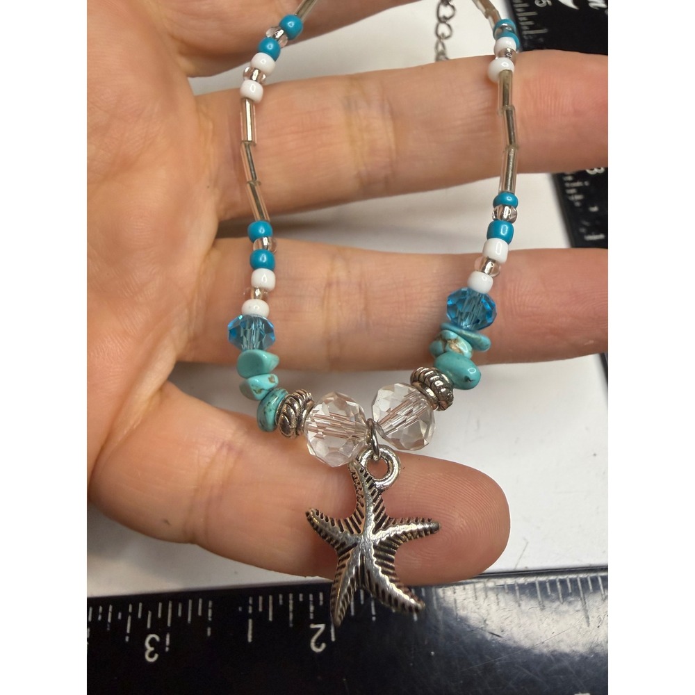 Silver Tone Starfish Charm Bracelet Turquoise Blue Beaded Beach Coastal Jewelry